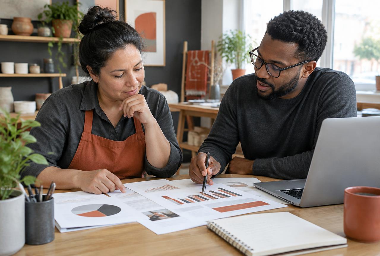 Small business owner and consultant reviewing a marketing plan